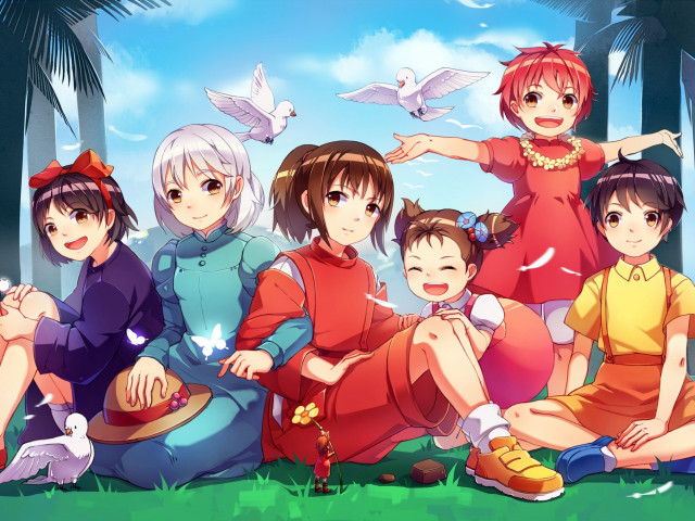 People sitting birds flying sky free wallpaper for desktop - medium preview image