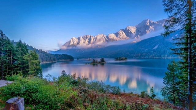 Lake mountains trees bench path free wallpaper for desktop - medium preview image