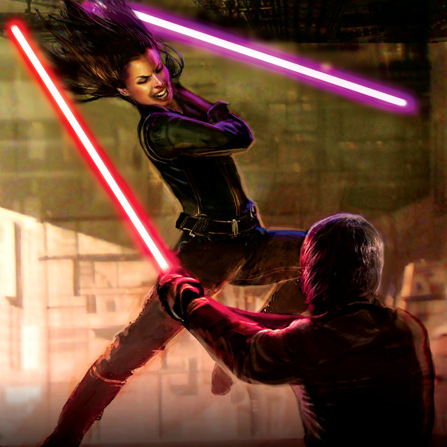 Woman lightsaber duel man suit free wallpaper for tablet - medium preview image