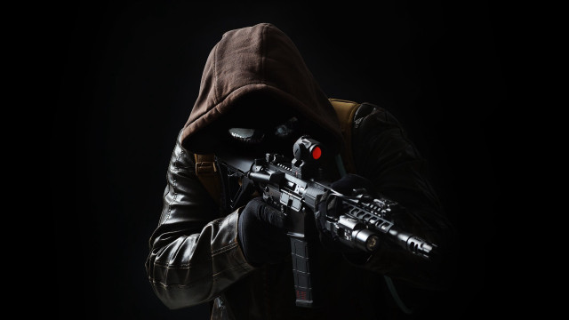 Man hooded jacket holding gun free wallpaper for desktop - medium preview image