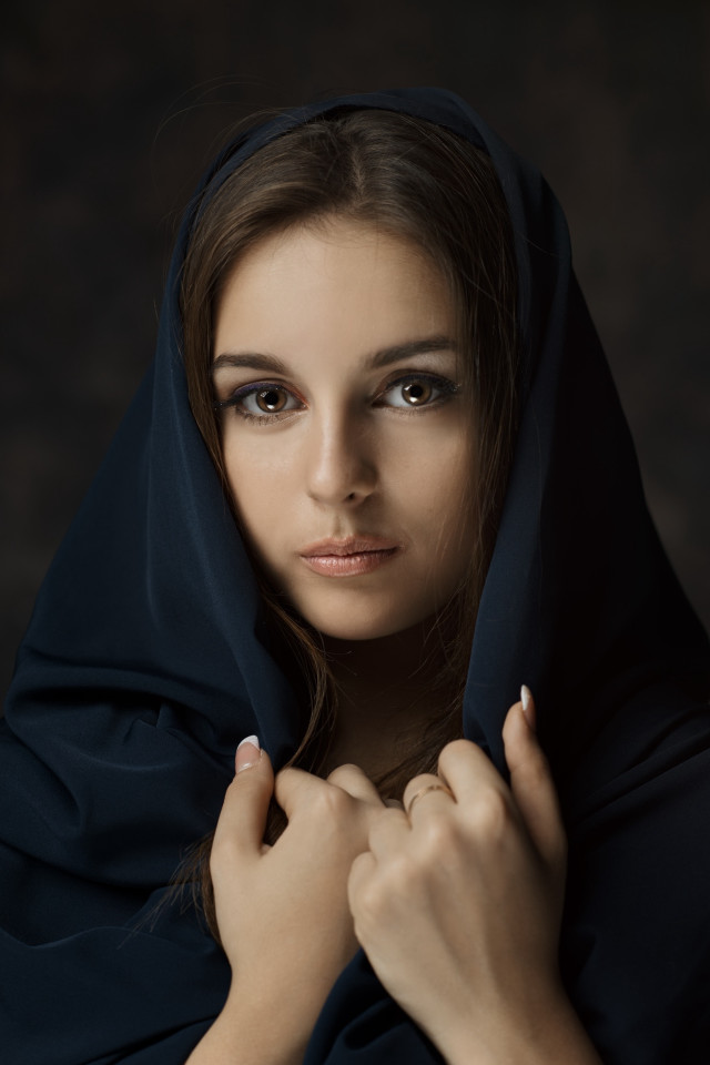 Woman black shawl posing hands free wallpaper for mobile - medium preview image