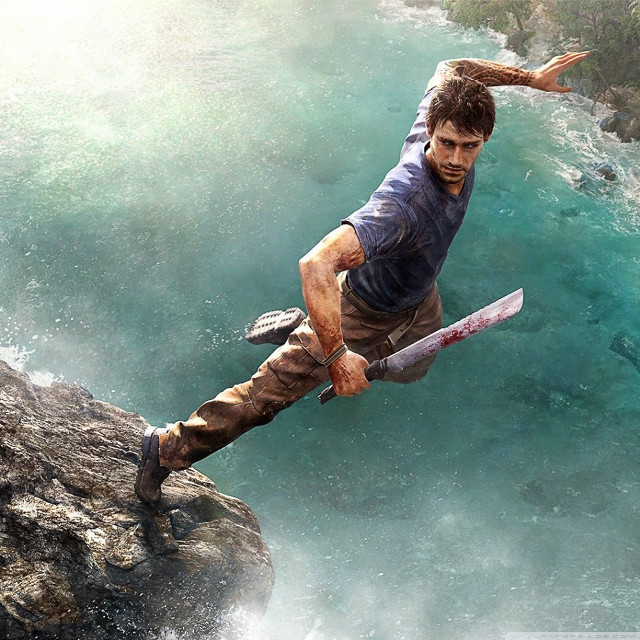 Man holding knife cliff river free wallpaper for tablet - medium preview image