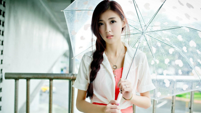 Woman holding umbrella balcony rain free wallpaper for desktop - medium preview image
