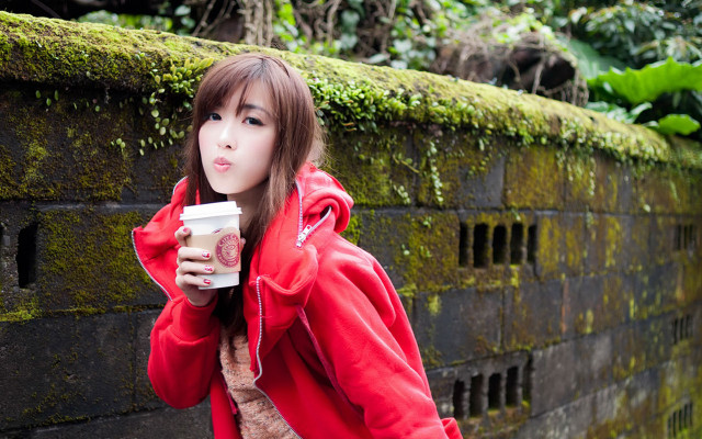 Woman red jacket coffee cell free wallpaper for desktop - medium preview image