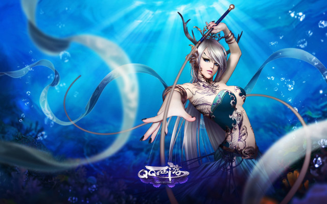Woman sword blue underwater scene free wallpaper for desktop - medium preview image