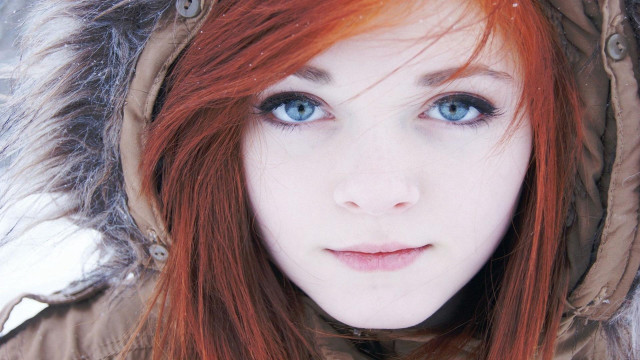Redhair blueeyes woman furhoodie jacket free wallpaper for desktop - medium preview image