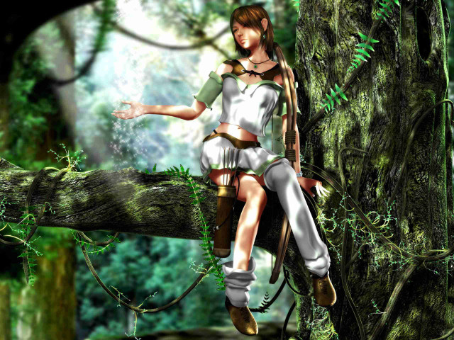 Woman sitting tree forest sword free wallpaper for desktop - medium preview image