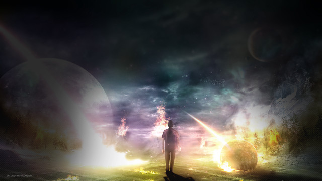 Man standing space planets stars free wallpaper for desktop - medium preview image