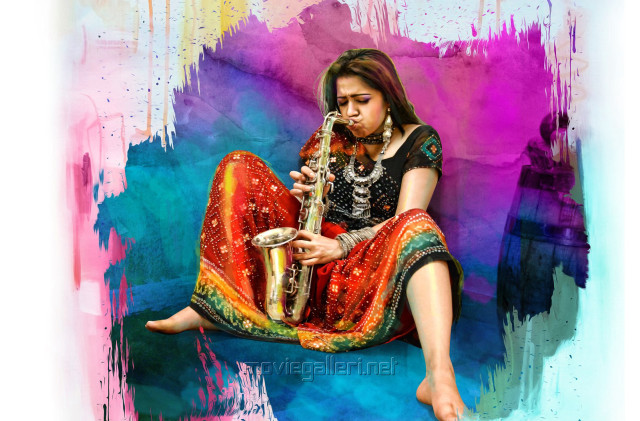 Woman sitting playing saxophone colorful free wallpaper for desktop - medium preview image