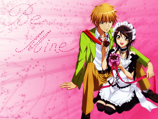 Anime couple pink background apron free wallpaper for desktop - medium preview image