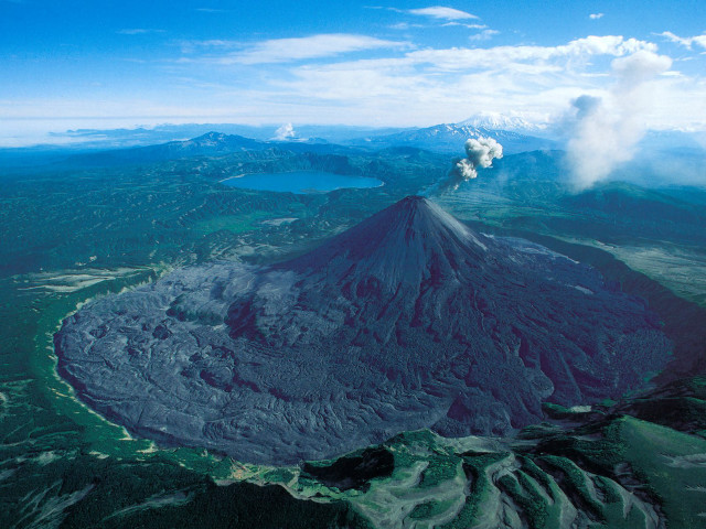 Volcano smoke aerial beach ocean free wallpaper for desktop - medium preview image