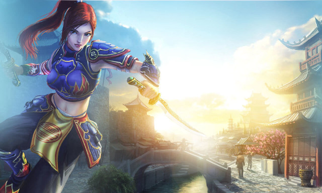Woman blue outfit sword building #2 free wallpaper for desktop - medium preview image