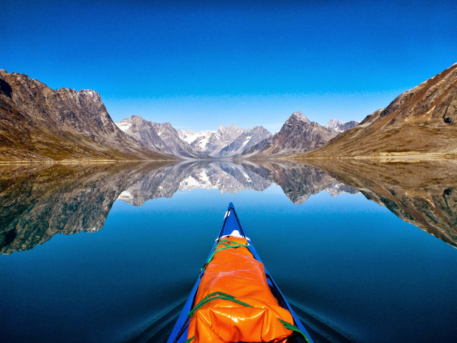 Kayak water mountains orange cover free wallpaper for desktop - medium preview image