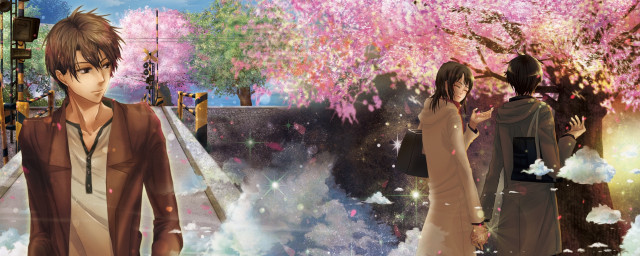 Couple tree pink flowers man free wallpaper for desktop - medium preview image