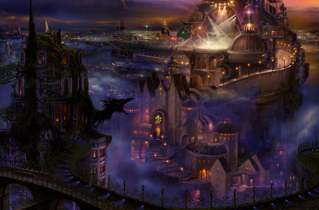 Castle dragon night city bridge free wallpaper for desktop - medium preview image