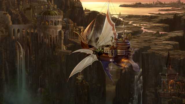 Dragon flying castle cliff waterfall free wallpaper for desktop - medium preview image