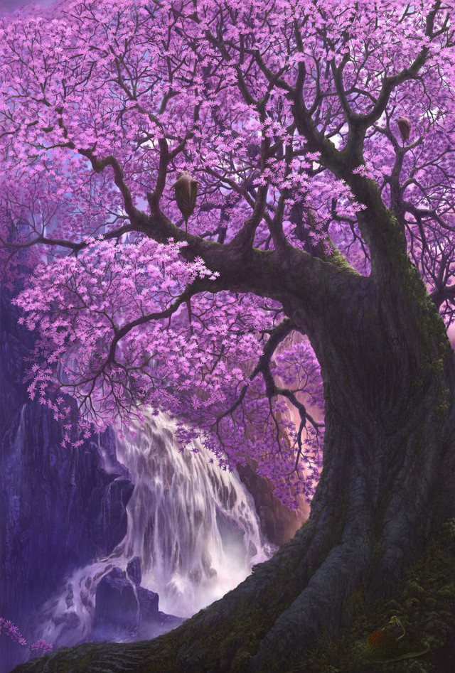 Waterfall tree purple flowers background free wallpaper for mobile - medium preview image