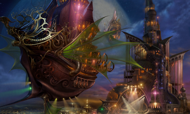 Futuristic city clock tower dragon #2 free wallpaper for desktop - medium preview image