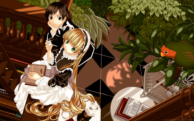 Anime couple bench room plants free wallpaper for desktop - medium preview image