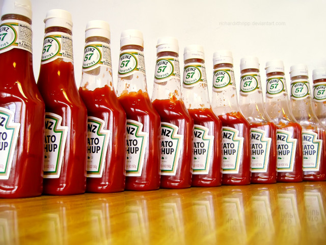 Ketchup bottles row table shelf free wallpaper for desktop - medium preview image