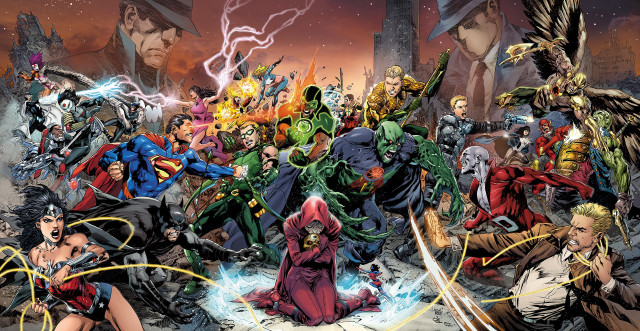 Superheroes gathered comics scene group free wallpaper for desktop - medium preview image