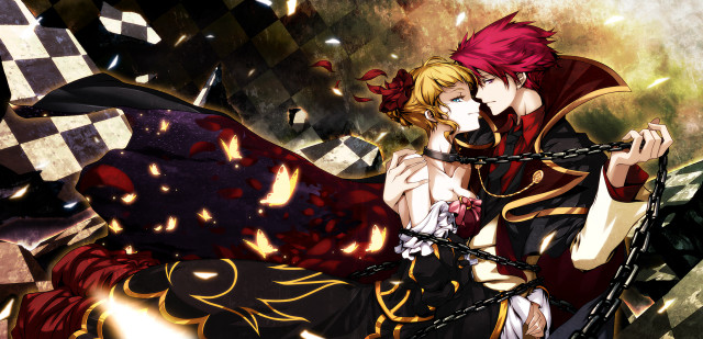 Anime couple hugging chains checkered free wallpaper for desktop - medium preview image