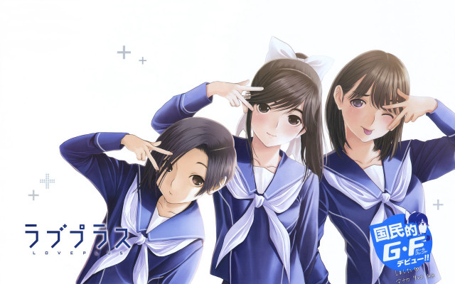 Three anime girls blue outfits free wallpaper for desktop - medium preview image