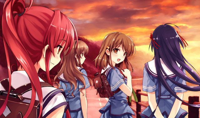 Three anime girls sunset redhair free wallpaper for desktop - medium preview image