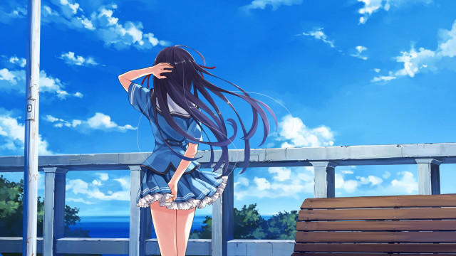 Woman long hair bench blue free wallpaper for desktop - medium preview image