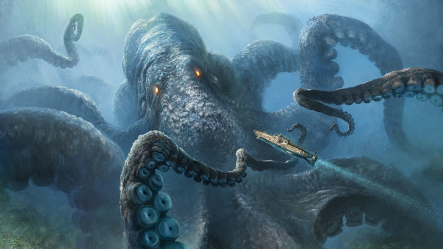 Deep sea octopus attacking squid free wallpaper for desktop - medium preview image