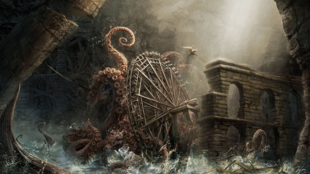 Octopus attack machine cave man free wallpaper for desktop - medium preview image