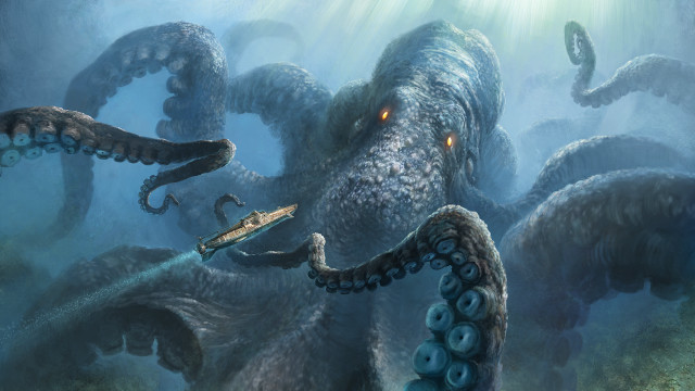 Octopus attacking squid painting mark free wallpaper for desktop - medium preview image