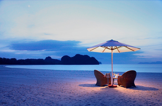 Chairs umbrella beach night ocean free wallpaper for desktop - medium preview image