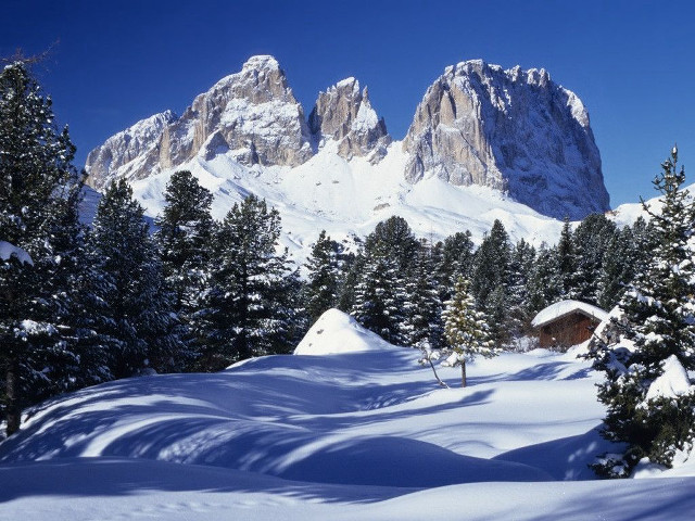 Snowy mountain cabin trees foreground #7 free wallpaper for desktop - medium preview image