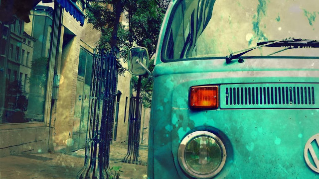 Blue van parked street building #3 free wallpaper for desktop - medium preview image