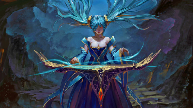 Blue hair blue dress sword free wallpaper for desktop - medium preview image