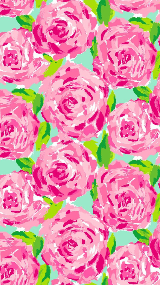 Pink rose pattern green background free wallpaper for mobile - medium preview image