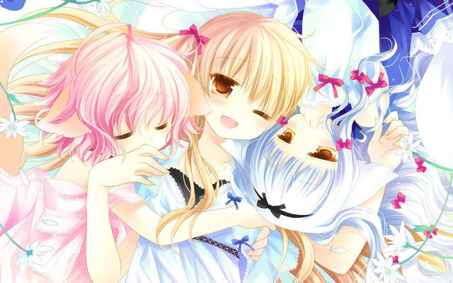 Anime girls hugging flowers cat free wallpaper for desktop - medium preview image