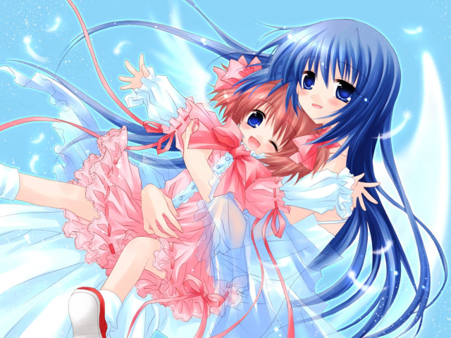 Blue hair pink dress hugging free wallpaper for desktop - medium preview image