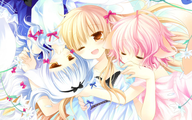 Anime girls hugging flowers cat #2 free wallpaper for desktop - medium preview image