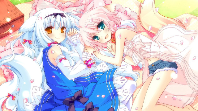 Anime girls bed flowers petals free wallpaper for desktop - medium preview image