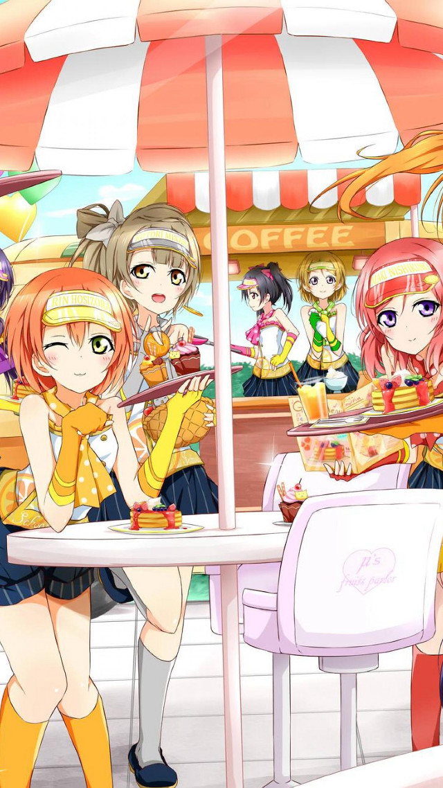 Anime girls table restaurant umbrella free wallpaper for mobile - medium preview image