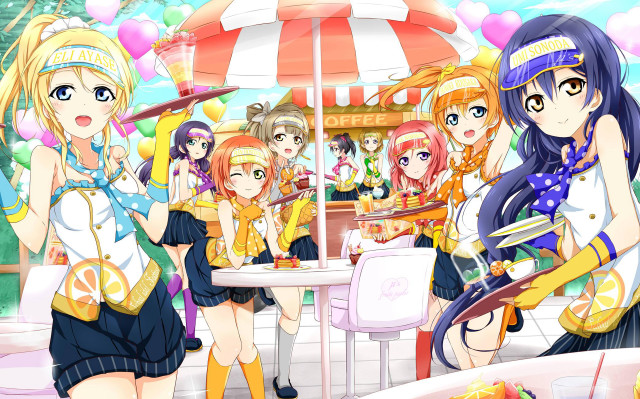 Anime girls table food umbrella free wallpaper for desktop - medium preview image