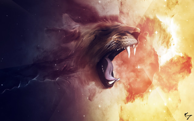 Lion roaring teeth space stars #2 free wallpaper for desktop - medium preview image