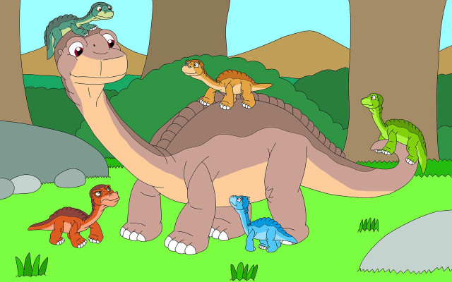 Dinosaur cartoon forest animals trees free wallpaper for desktop - medium preview image
