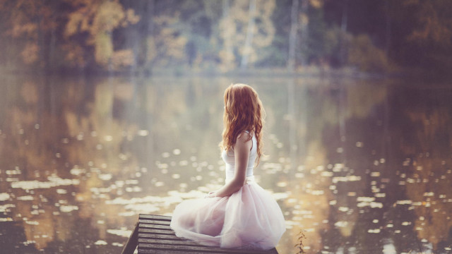 Woman white dress bench lake free wallpaper for desktop - medium preview image
