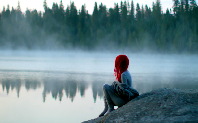 Woman sitting rock lake fog free wallpaper for desktop - medium preview image