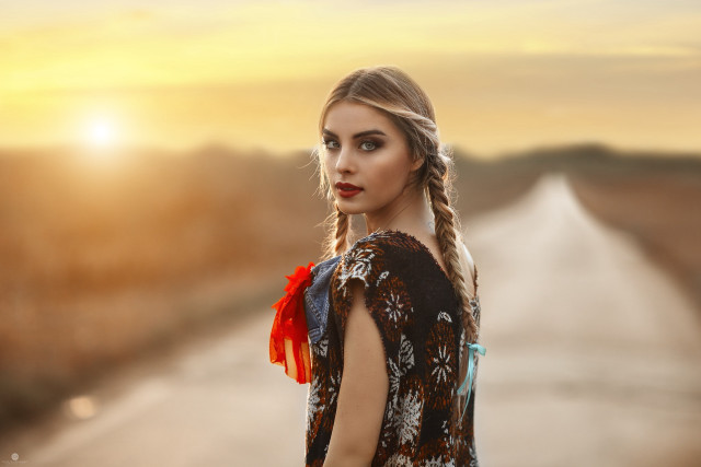 Woman braid road sunset background free wallpaper for desktop - medium preview image