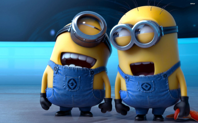 Minions blue background posing funny free wallpaper for desktop - medium preview image