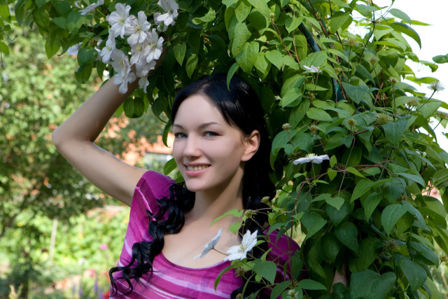 Woman posing tree flowers purple free wallpaper for desktop - medium preview image